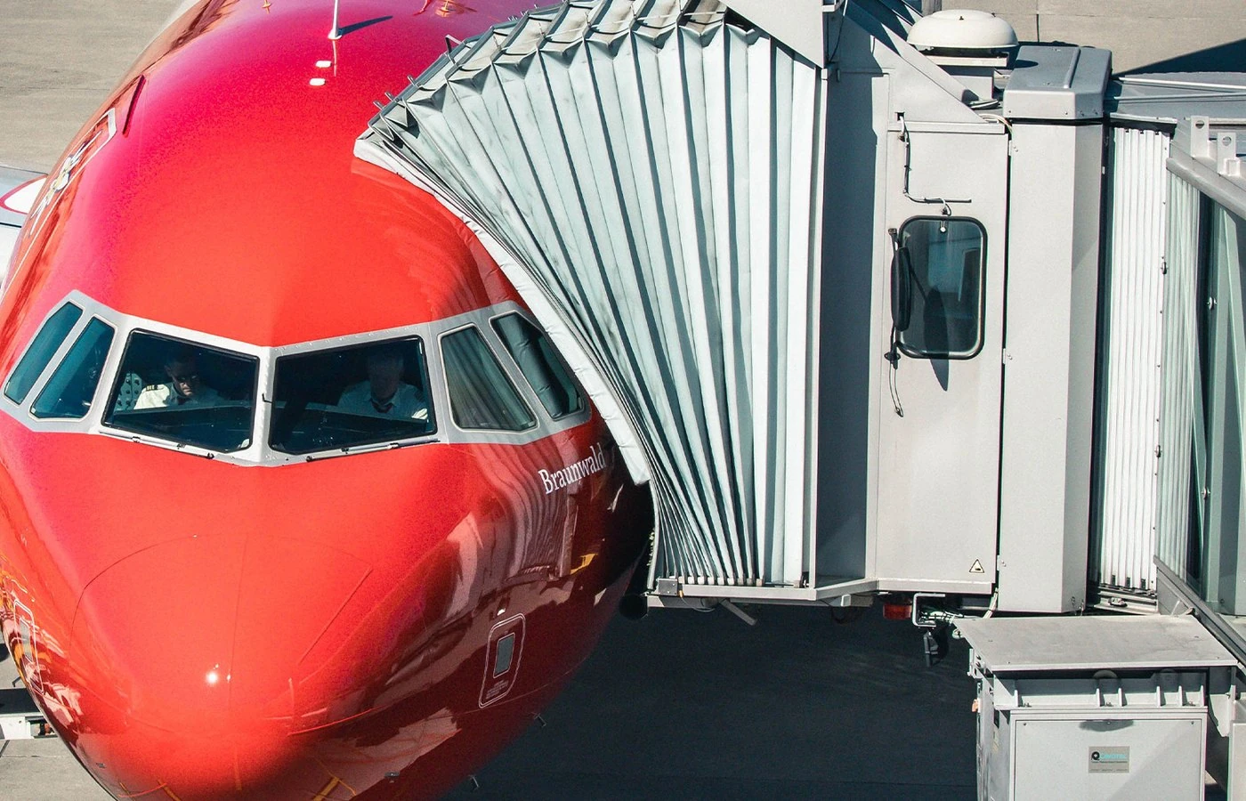 Boarding bridge docked to the aircraft door